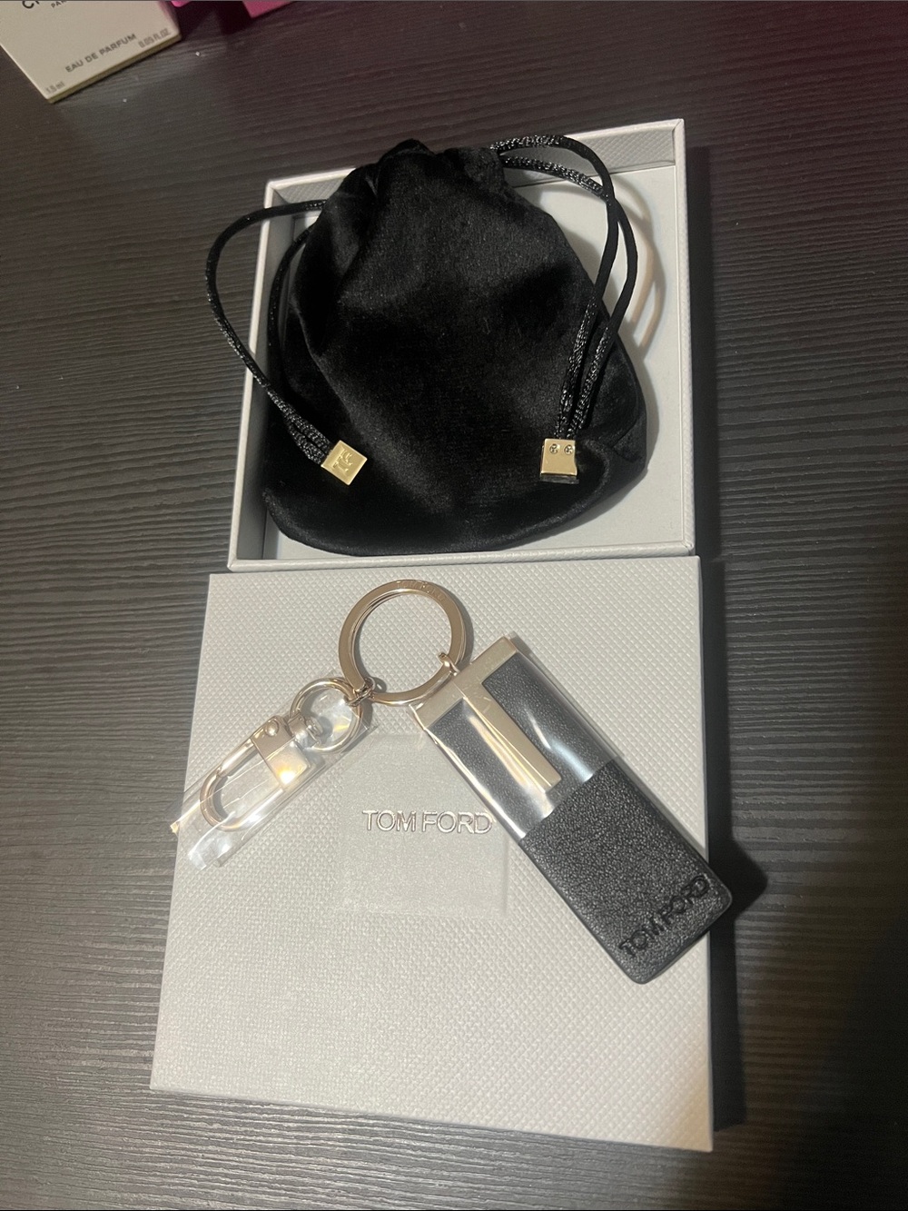 Tom Ford Black and Gold Leather Key Chain